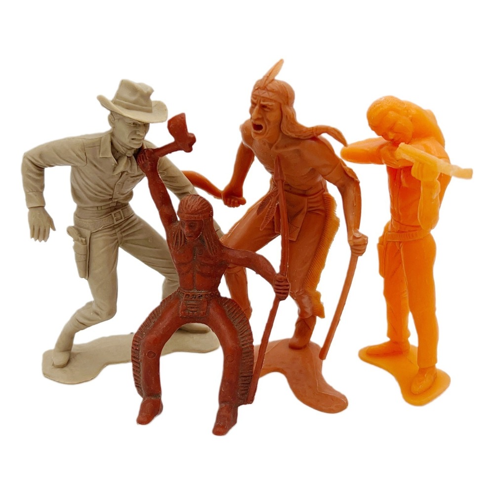 1964 Marx Cowboy & Indian Figures Lot of 4 – 2 Marked 2 Unmarked Vintage Playset